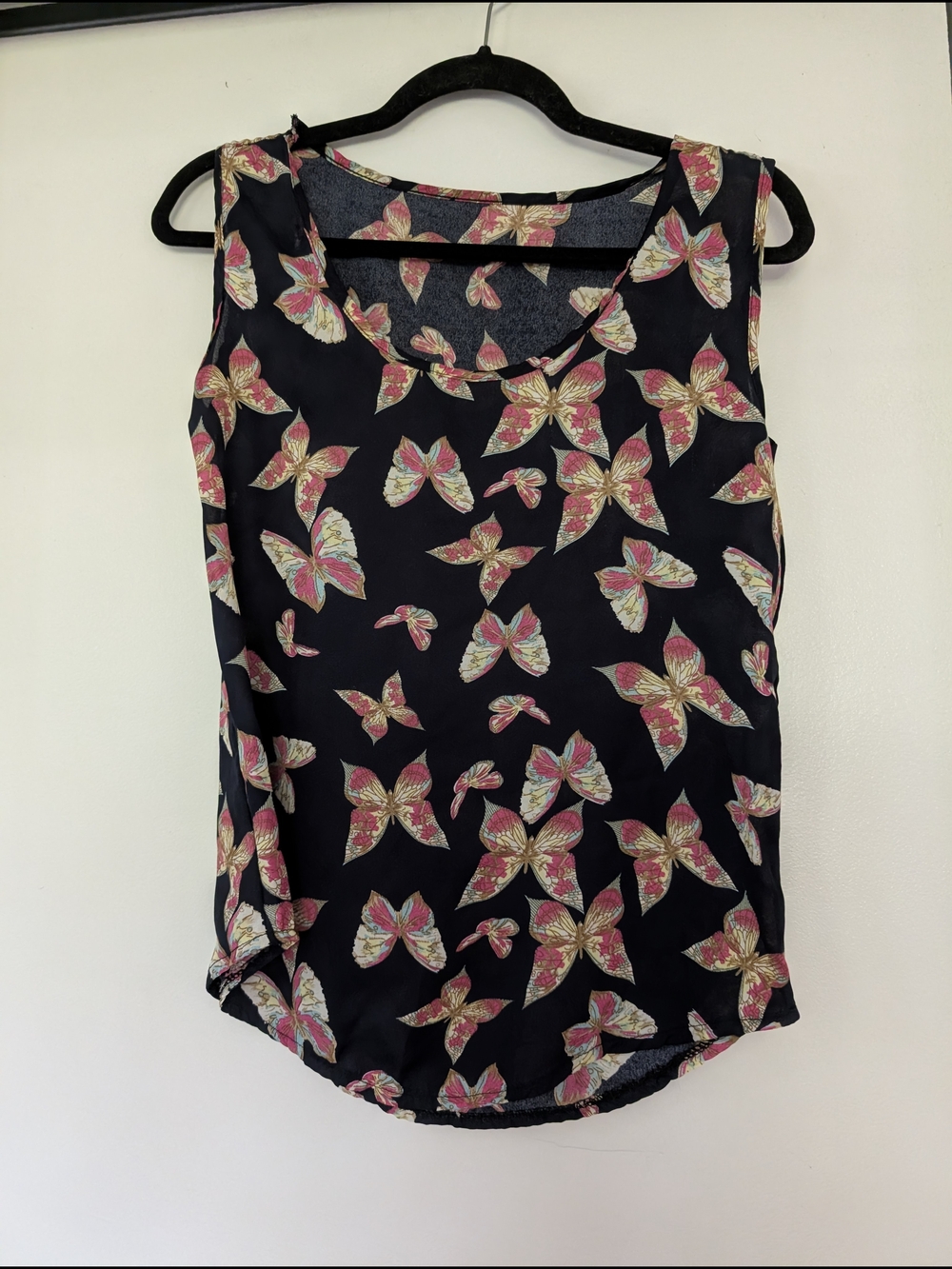 Sleeveless Navy Blue Butterfly Print Top - Pink Floral Accents
